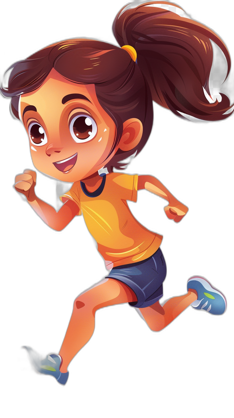 Cute girl cartoon character running with a happy expression, wearing sportswear and sports shoes on her feet, smiling face, big eyes, cute ponytail hair style, simple black background, full body shot, in the style of Disney Pixar animation, 2D flat illustration, bright colors, high saturation, soft lighting, full of vitality. Black background, cute cartoon design with simple lines, high definition resolution, in the style of a Disney Pixar animation.