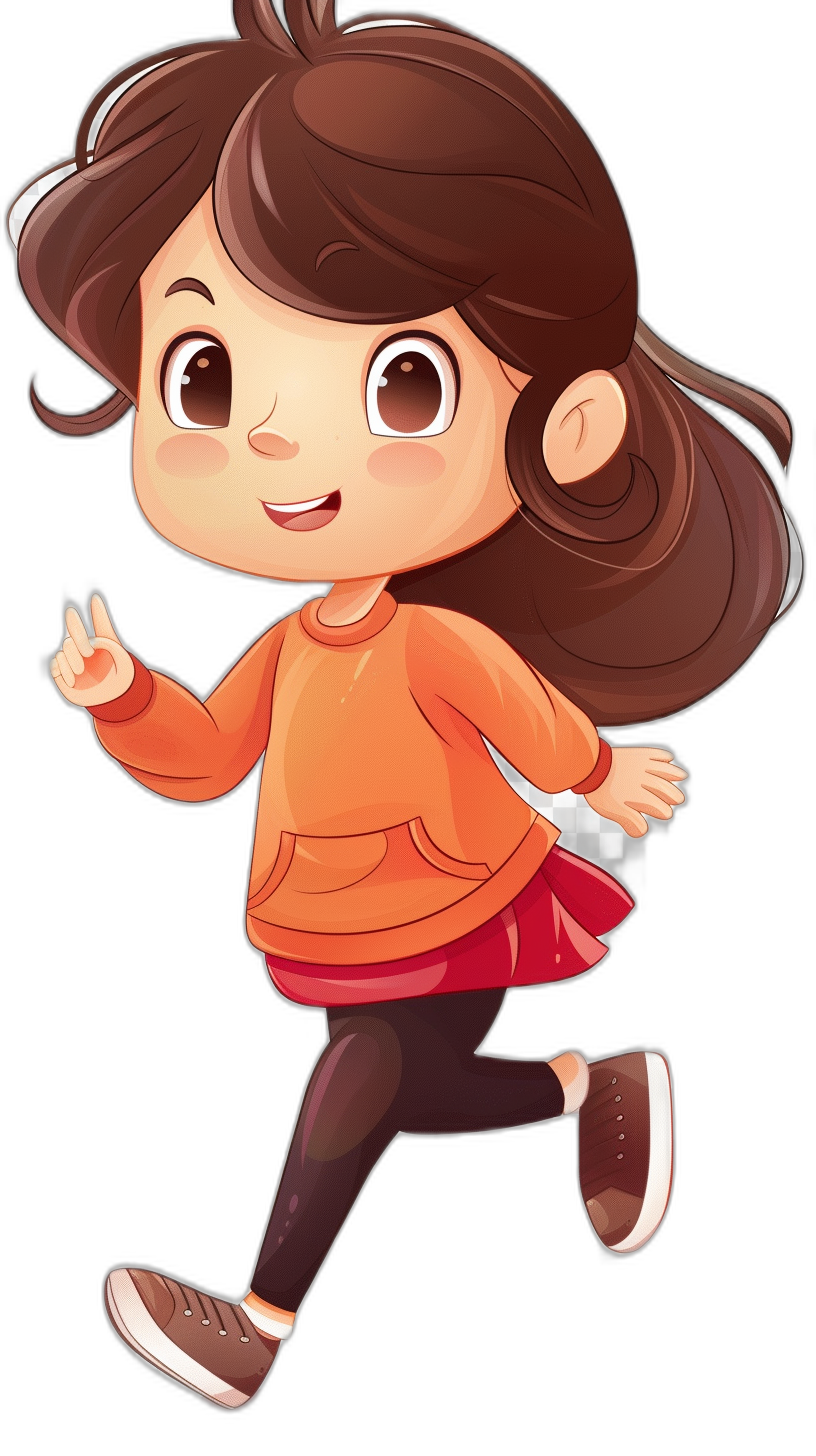 Cute cartoon girl running, full body shot, solid black background, in the style of Dora The Explorer with brown hair and orange sweater, cute character design