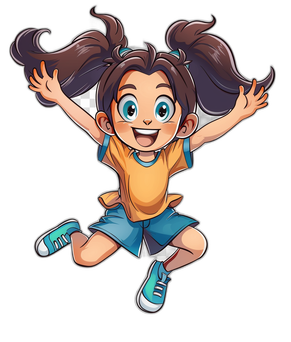 A young girl jumping for joy, with a happy facial expression, in a simple vector cartoon illustration with a black background, in the style of [Eiichiro Oda](https://goo.gl/search?artist%20Eiichiro%20Oda), wearing blue shorts and a yellow t-shirt, with big eyes, long brown hair tied back into two pigtails.