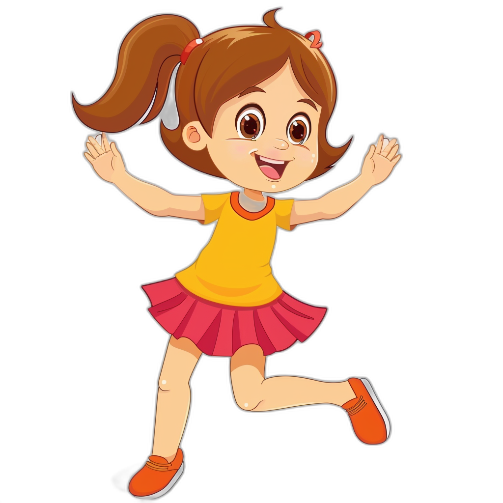 A cute little girl is running happily, in the style of vector illustration with a flat design and black background. She has brown hair in pigtails, wearing an orange t-shirt under her yellow dress, red skirt, and shoes with her hands raised up. The colors of the cartoon character should be bright and vibrant to make it stand out against a pure black background. It will create a cheerful atmosphere for children’s book illustrations or graphic designs. No text is needed and the focus should be on her face.