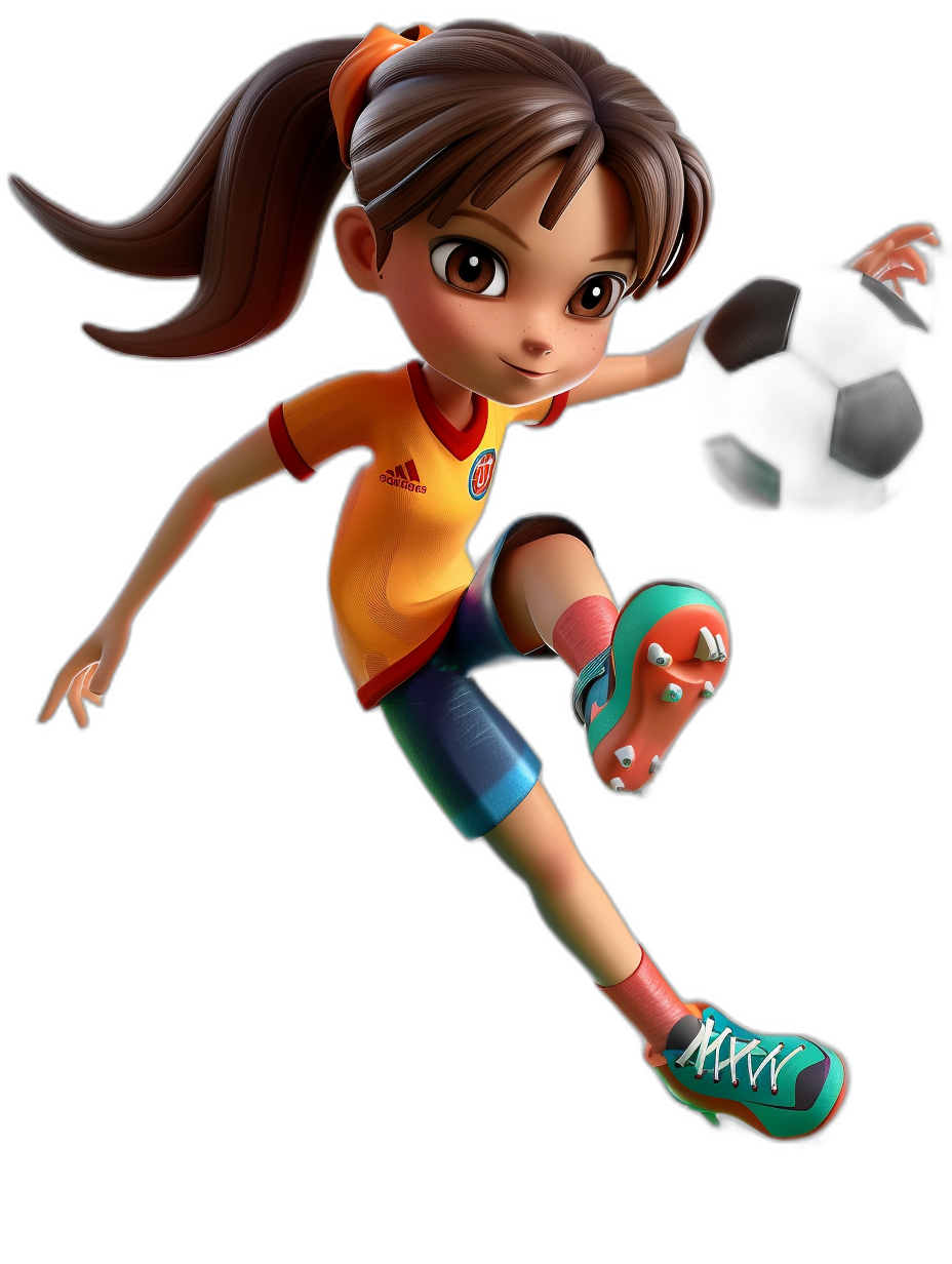 A young girl playing soccer, she is wearing an Adidas football uniform and has brown hair in pigtails, the background of her character sheet should be black, the lighting is from above, she is kicking a ball in the style of Pixar, 3D rendered full body shot, wide angle, high resolution, high detail, high quality textures and colors.