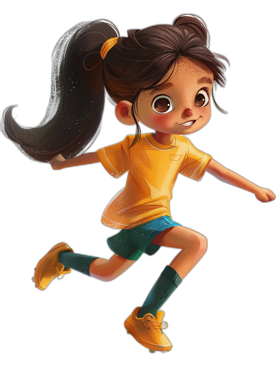 A cute girl is running, wearing yellow short sleeves and green shorts with black hair tied in ponytails, in the style of Pixar, in the style of Disney, character design, black background, full body shot, high detail, illustration, high resolution, high quality, 2D art, cartoon, in the style of Pixar animation, Unreal Engine, cinematic lighting, 3d rendering, high details, super clear.