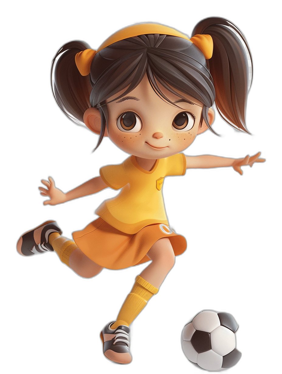 cute little girl character playing soccer in the style of Disney, 3d model, black background, full body pose, cute yellow dress and shoes, brown hair with pigtails in two ponytails, brown eyes, big head small body, chibi proportions, big smile on her face, cute cartoon art style