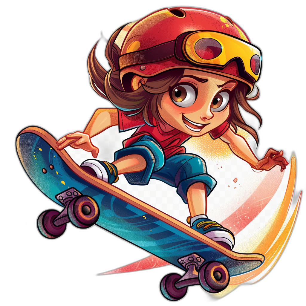 A cute girl riding on her skateboard, vector illustration in the style of vibrant cartoonish designs, colorful caricature, high resolution, detailed character design, bold and vivid colors, black background, clipart isolated