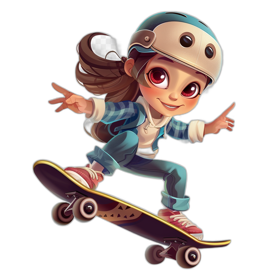A cute girl is riding on her skateboard, wearing a helmet and sneakers. The art is in the style of a cartoon, with a 2D game art design on a black background. It is a full body portrait in high definition.