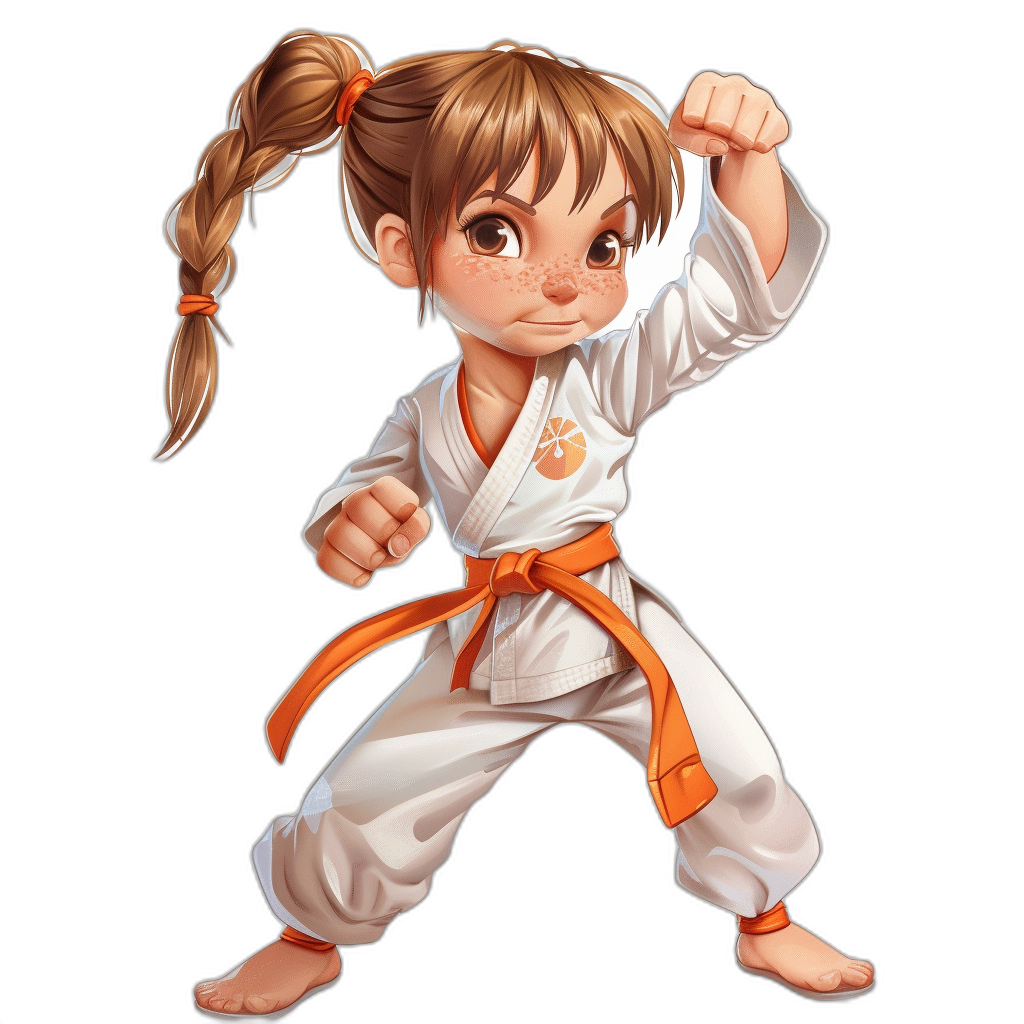 cartoon, little girl with brown hair in pigtails doing a karate stance wearing a white gi and orange belt, black background, in the style of chibi