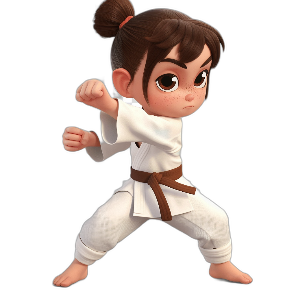 A little girl with brown hair in pigtails doing karate, wearing white pants and an amber belt around her waist. She is striking a fighting pose. Her face has big eyes in a cartoon style, and she’s smiling. The background is black. She also wears all white  in a chibi style. Isometric 3D rendering in the style of Pixar.