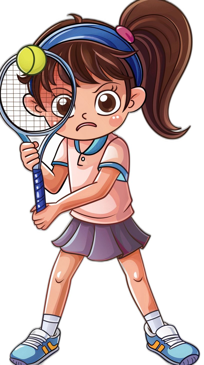 A cute little girl playing tennis, full body shot with headband hair style and bangs in the middle of her forehead wearing pink shirt white skirt blue shoes and sporty sweat band on his neck cartoon vector illustration sticker design with black background