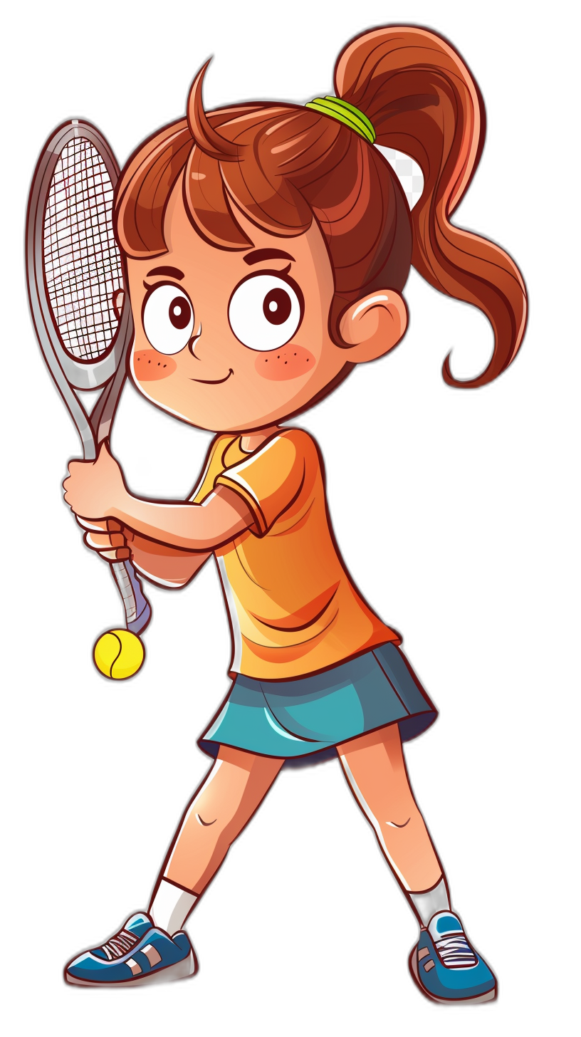 A cute little girl playing tennis in the style of clip art style cartoon illustration on a black background.