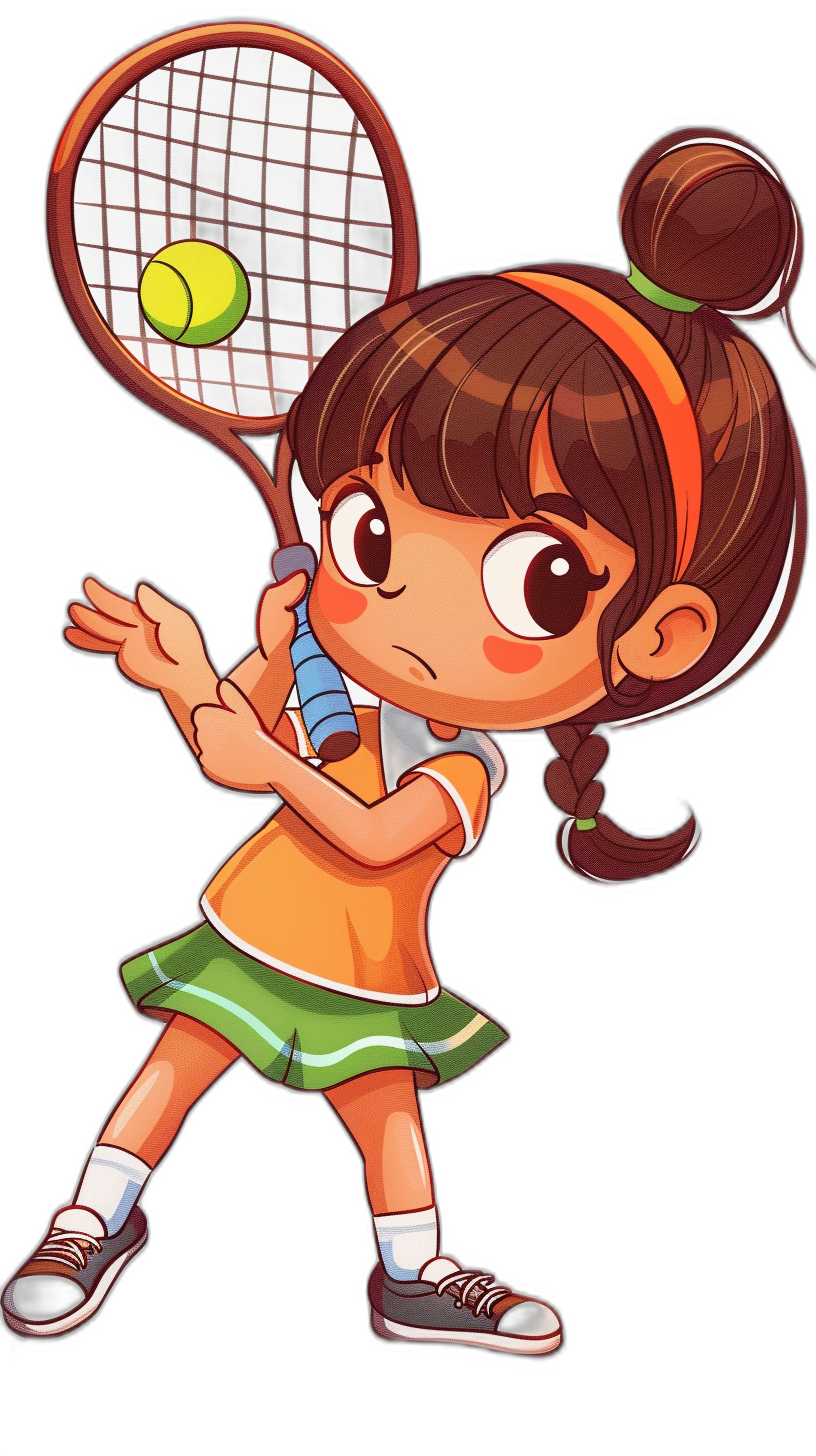 A cute little girl playing tennis, vector illustration in chibi style with black background. She is wearing an orange shirt and green skirt, holding her racket ready to hit the ball, her eyes focused on its path. Her hair should be tied back or in pigtails for courtyard fun. The overall atmosphere of his design reflects joy and energy while capturing details like texture and color of , no text, 2d flat icon, white outline, simple design