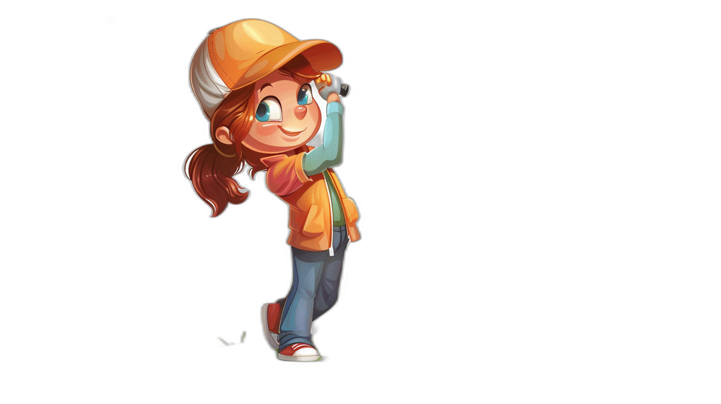 A cute girl with an orange cap doing a photoshoot, wearing jeans and a jacket in the style of a cartoon character design sheet against a black background in a game art style.