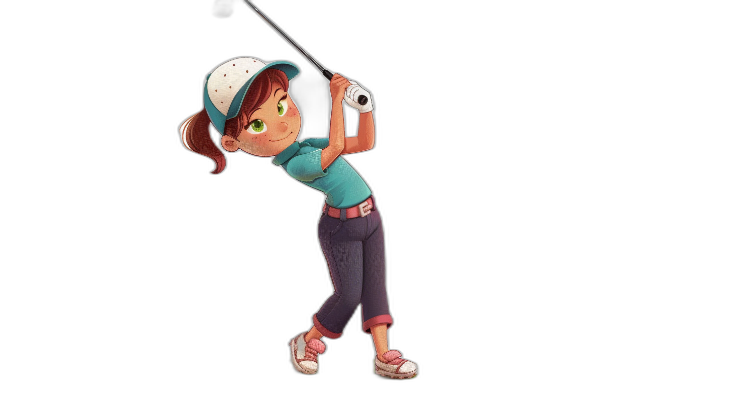 A cute young girl playing golf with a solid black background. The full body cartoon character is in the style of Disney Pixar. She is wearing a teal shirt and dark pink capri pants with white sneakers. Holding a driver on top of her head ready to hit the ball. Her eyes have a green color. It is a 3d render. She has brown hair in a ponytail.