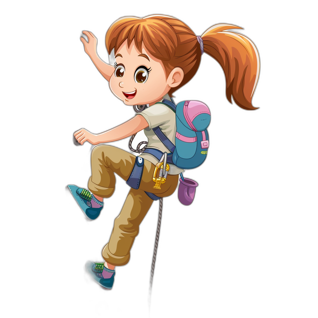 A cartoon girl is climbing with a backpack on her back against a simple black background in a clip art style. She has brown hair in pigtails and is wearing blue shoes. The character should be depicted as lively and cheerful, looking directly at the viewer while holding onto ropes for support. Her outfit includes casual pants or trousers paired with sneakers. Emphasize vibrant colors to make it stand out against the solid black backdrop. This design will convey an energetic vibe of adventure and exploration in the style of upbeat and cheerful artwork.