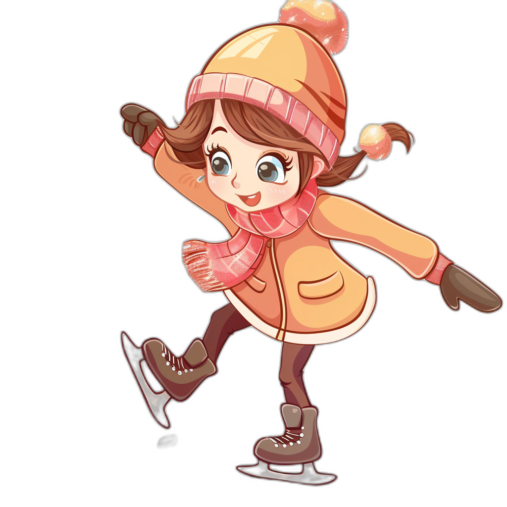 Cute girl skating, wearing a hat and scarf, full body, in the style of a vector illustration with a black background, simple design, chibi character design, wearing a brown jacket, pink gloves, in the cartoon style, wearing ice skates on her feet, clip art sticker.