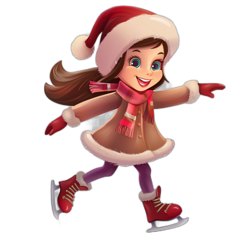 A cute girl in Christmas costume skating, cartoon style illustration, clip art for cut diamonds, isolated on black background, wearing brown coat with white fur trim and pink scarf, red boots and hat, big eyes, happy face, vibrant color palette, 3D rendering, simple design, cute, high resolution, high detail, digital airbrushing technique, vector graphics