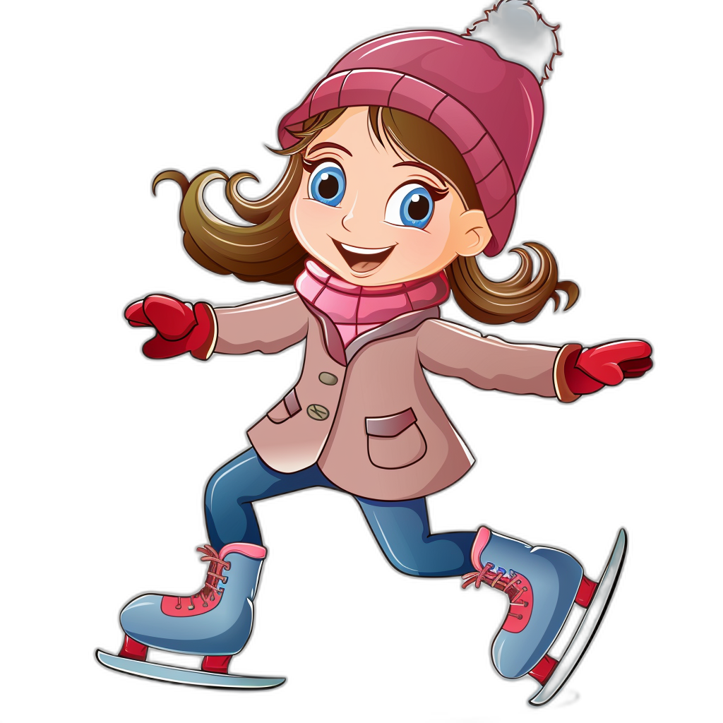 Cute cartoon girl ice skating clip art, vector illustration with a black background, wearing a winter coat and hat, blue eyes, pink gloves, red boots, simple design, full body portrait, simple colors, full of energy, cheerful movements, lively expressions. The illustration is in the style of a simple design.