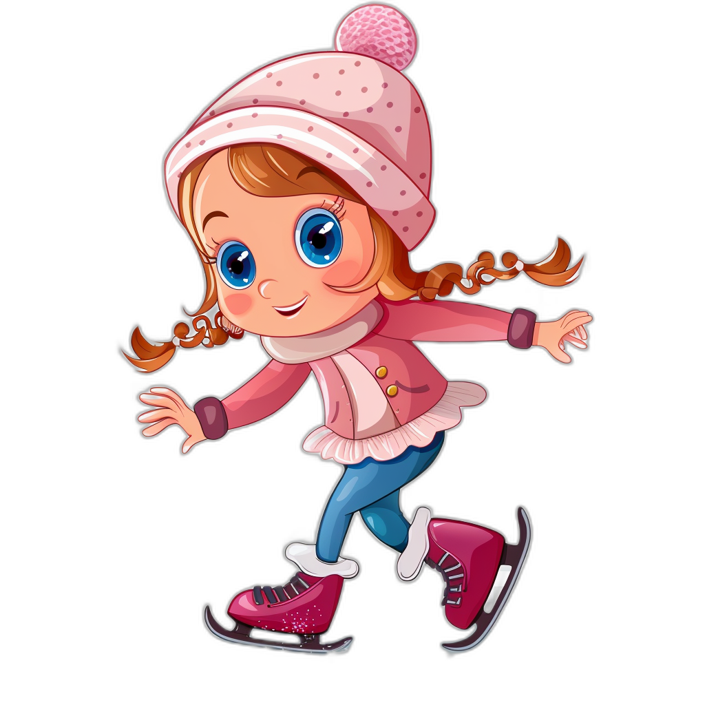 A cute little girl is skating, wearing pink and hat with blue eyes cartoon style vector illustration PNG black background