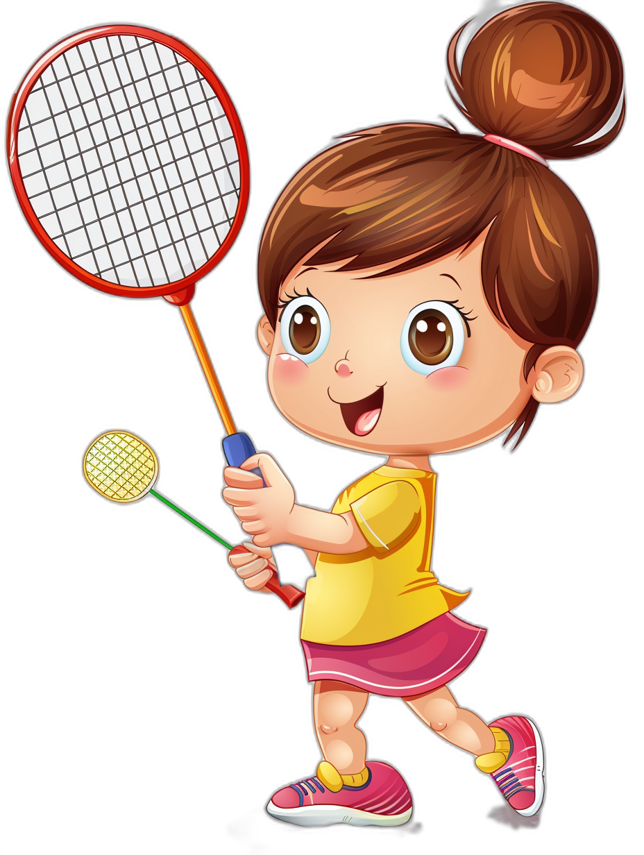 A cute little girl playing badminton in the style of clip art with a black background.
