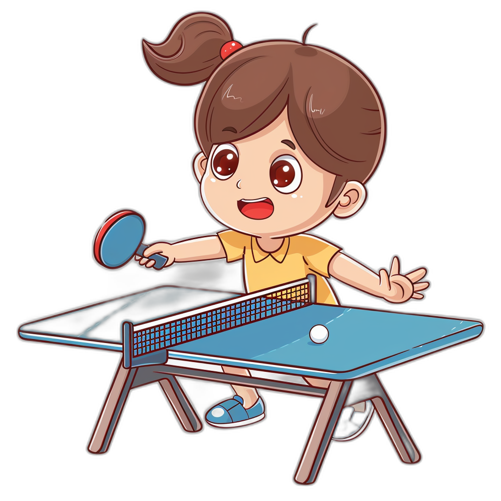 A cute girl playing table tennis in the style of cartoon, in the style of clip art sticker on a black background.