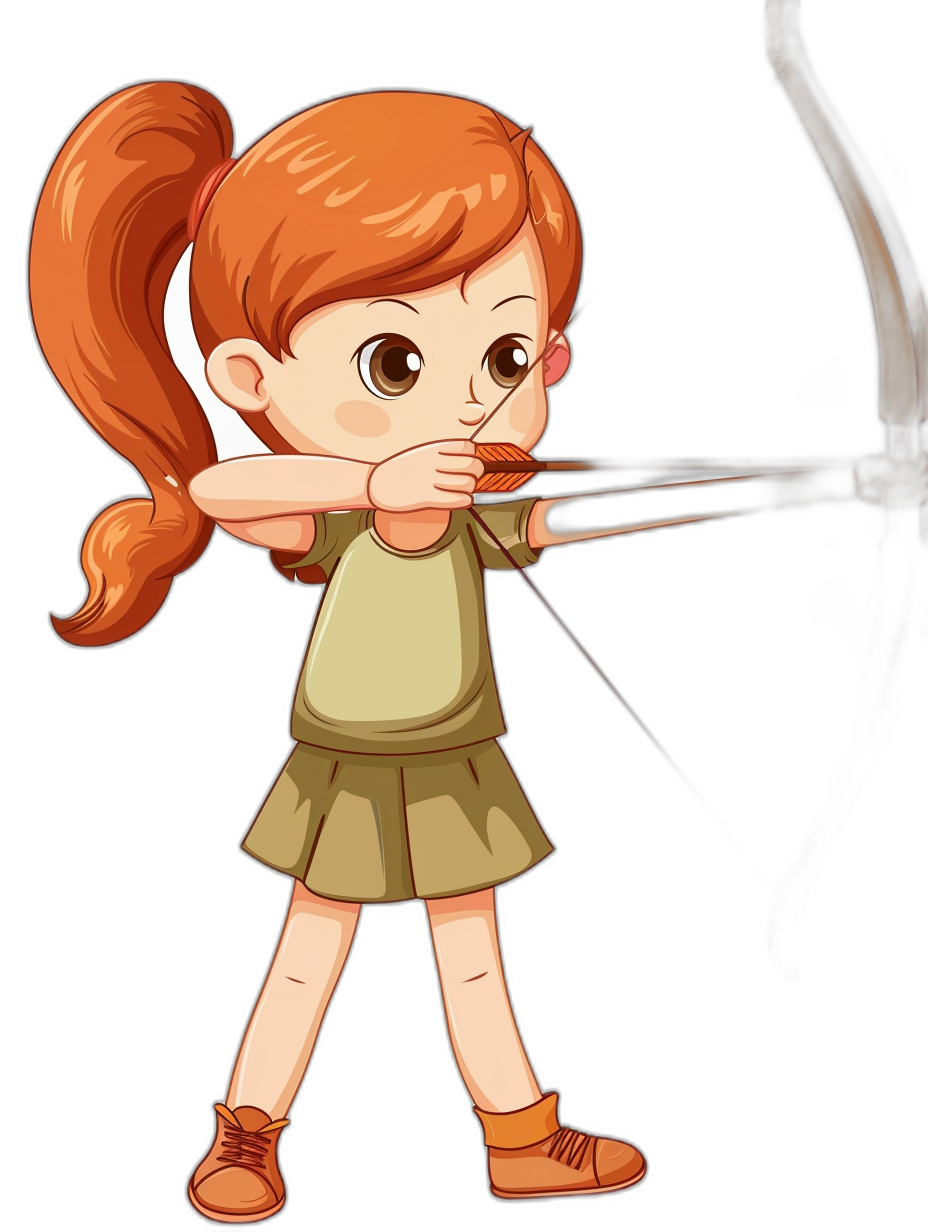 A little girl is shooting with an arrow in a simple cartoon style. This vector illustration has a solid black background with simple details and lines like children’s book illustrations. The cute full body portrait shows the girl with a short skirt, ponytail hair, and bow and arrows in hand. She has brown eyes and ginger pigtails. The light shines on her face. Full of vitality, the style is reminiscent of classic children’s book illustrations.