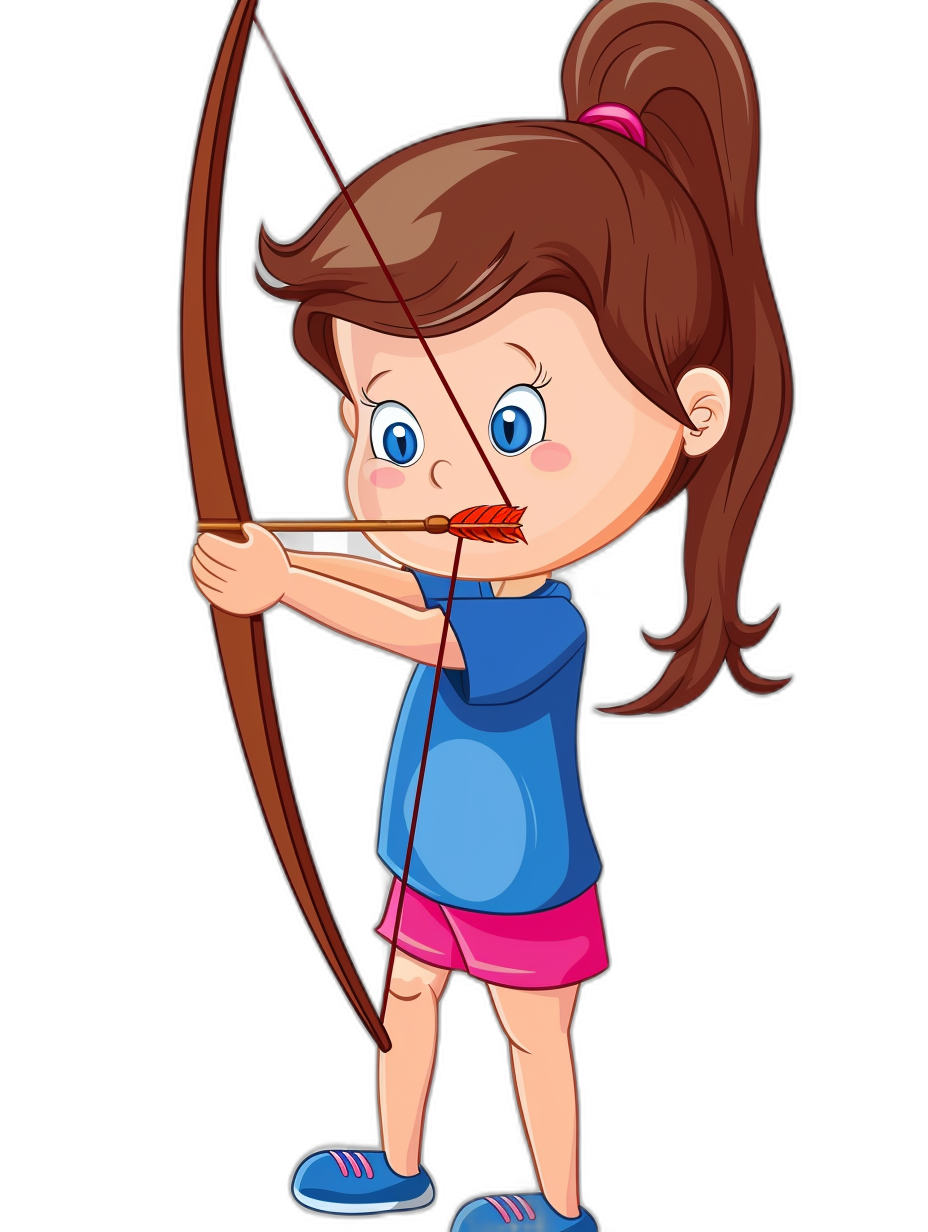 a cartoon vector illustration of an adorable little girl with brown hair in pigtails, wearing blue shirt and pink shorts holding bow like archer ready to shoot arrow isolated on black background