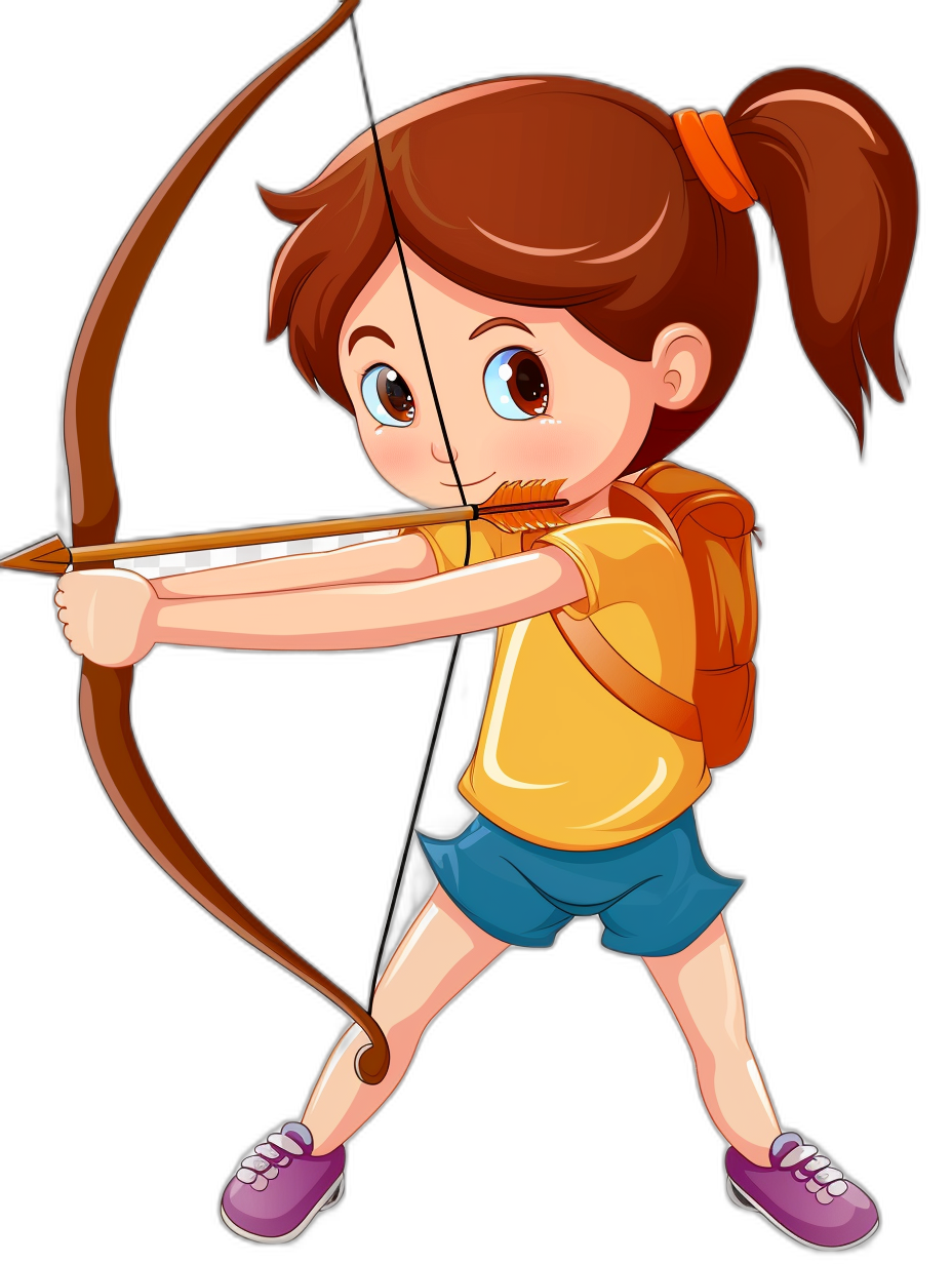 A cartoon girl with brown hair in pigtails, wearing an orange shirt and blue shorts is shooting arrows from her bow isolated on a black background in the style of clipart.