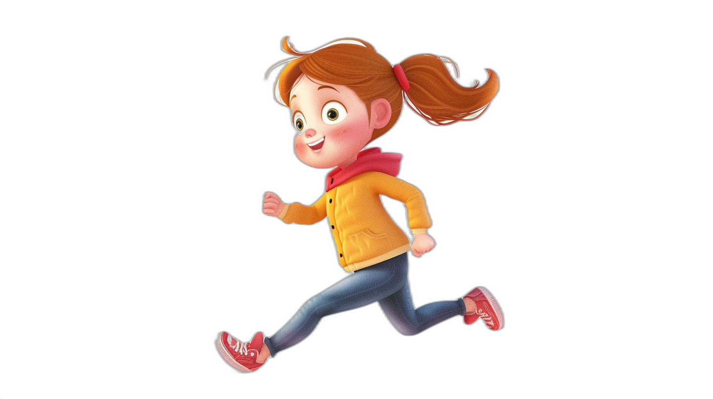 A cartoon girl is running, side view, on a black background, in a 3D rendered style similar to Pixar. She has short brown hair and wears jeans with red shoes on her feet. The character should have an excited expression, with her head tilted to the right as she runs. Her yellow jacket is slightly open at chest level, showing part of a pink hoodie underneath it. The illustration captures dynamic motion in a full body perspective. High resolution.