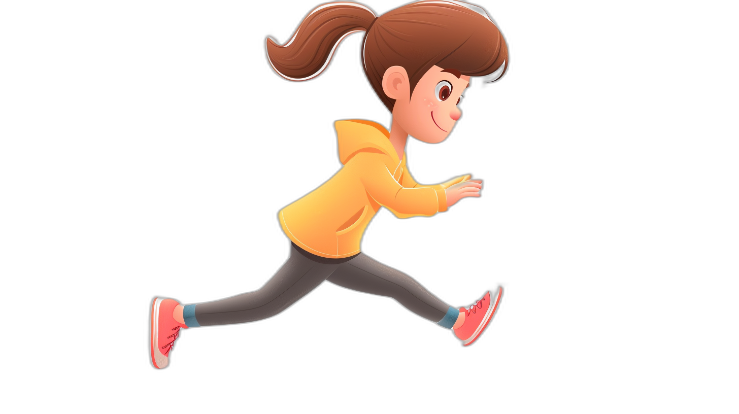 A cartoon girl is running, wearing sports  and shoes, from the side view, in a simple flat style, on a black background, as a full body shot, in the style of Pixar character design, with 3D rendering, in a cartoon animation style, in high definition.