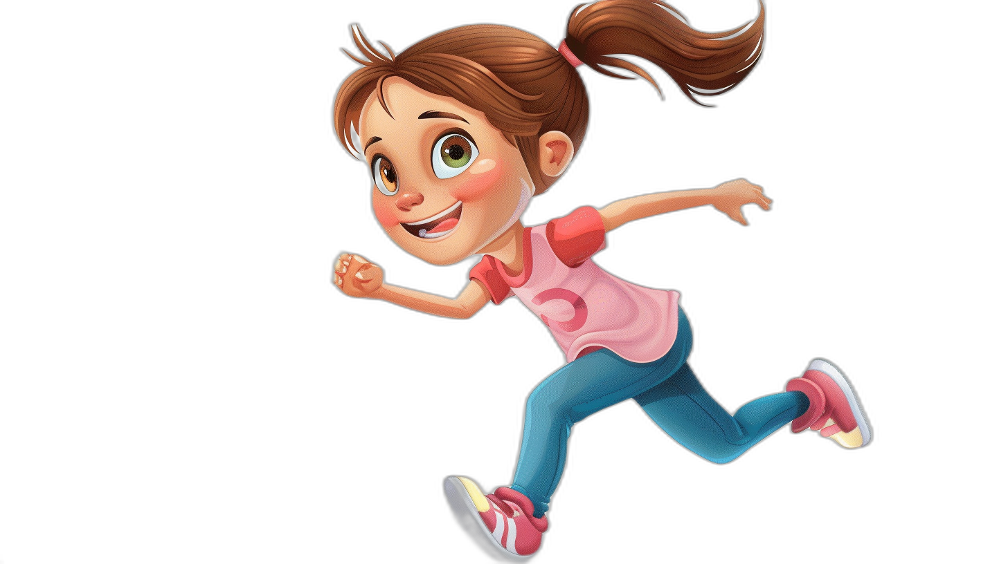 cartoon girl in a pink shirt and blue pants running on a black background, in the style of Pixar, with a happy face smiling with teeth and brown hair in a ponytail.