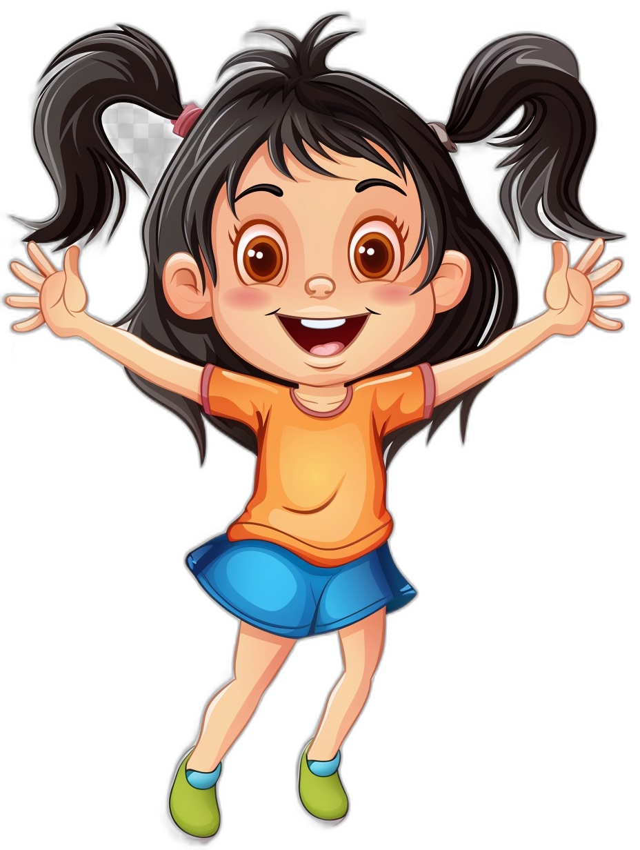 Cute girl cartoon character illustration on a black background, jumping with hands up, wearing an orange t-shirt and blue skirt, smiling face, big eyes, dark brown hair in two ponytails. In the style of an anime artist.