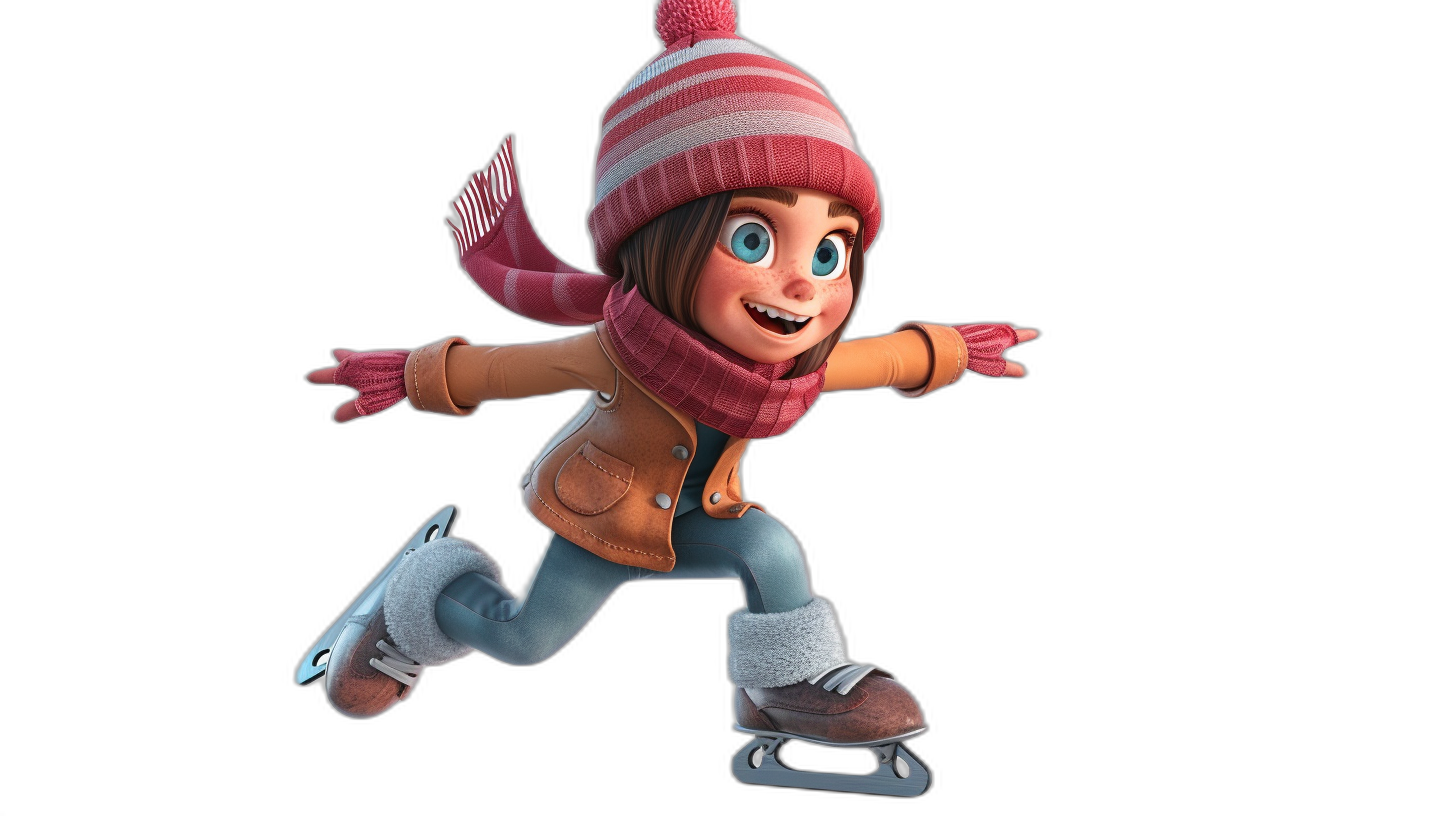 A girl ice skating in winter, in the style of Disney Pixar, cartoon character design with a black background, high resolution, high quality, high detail, 3D rendering, cinematic lighting.