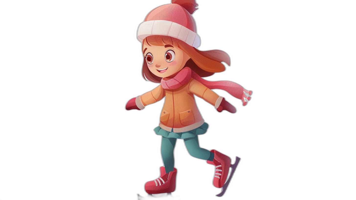 A cute girl skating, wearing winter  and a hat, in the style of cartoon, with simple lines, on a black background, resembling a game character design, rendered in 3D, resembling 2d animation, in the style of cartoon illustration, resembling Disney Pixar, in a Q version style, with high resolution, high detail, and high quality with minimal noise.