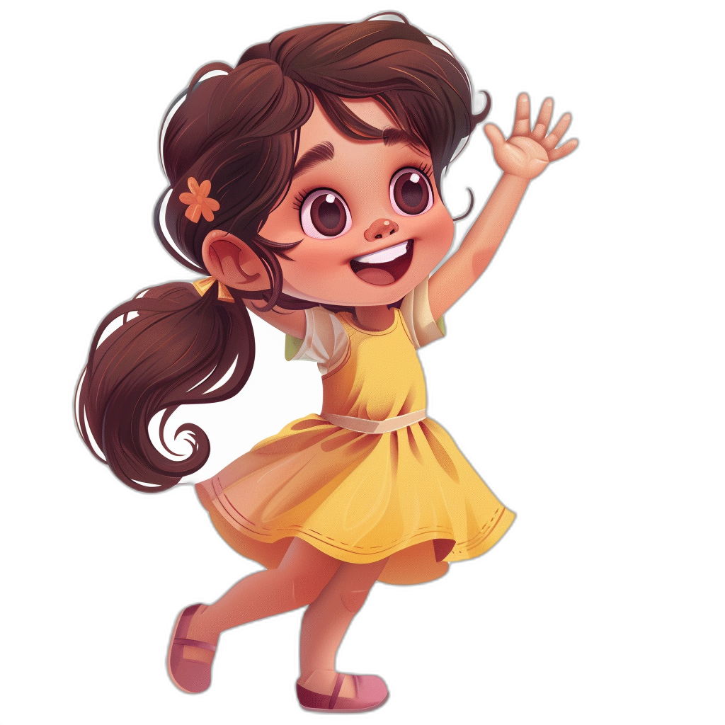 A cute little girl, smiling and waving her hand, wearing a yellow dress with dark brown hair in pigtails, in the style of a Pixar cartoon character design sheet on a black background.