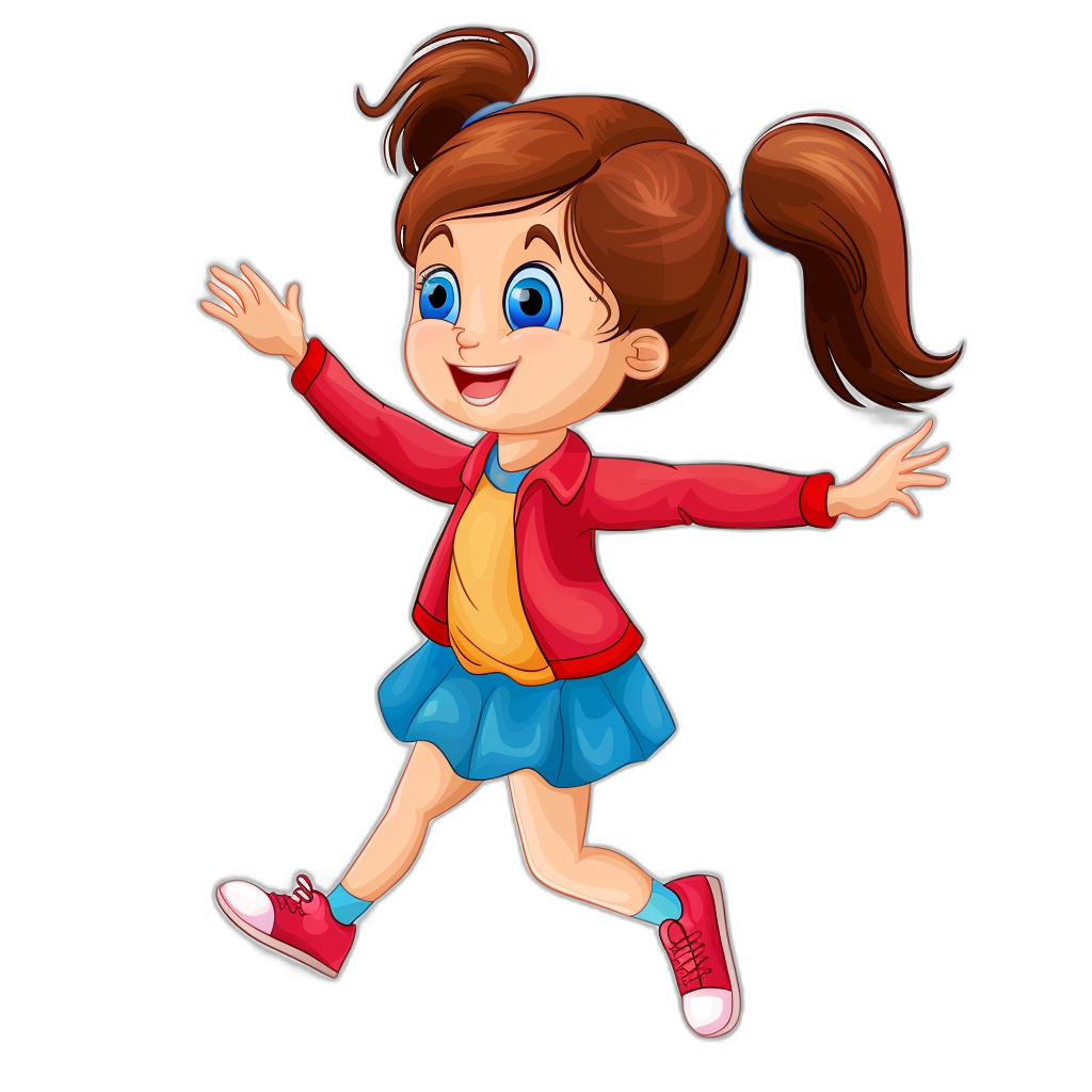 a cute cartoon girl, red jacket and blue skirt, brown hair in pigtails, pink shoes jumping on black background