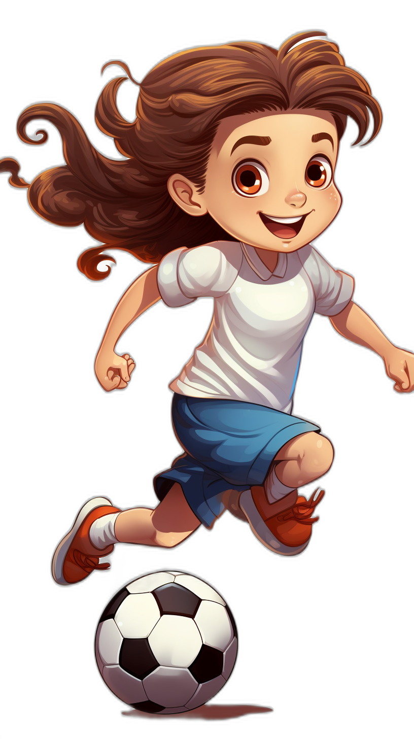 Cartoon character of a girl playing soccer, vector illustration for a children’s book, full body, wearing a white t-shirt and blue shorts with brown shoes, smiling face, running pose with a ball in front of her on a black background, in the style of Pixar, in the Disney cartoon art style, high quality, high resolution, high detail, running pose with a ball in front of her on a black background.