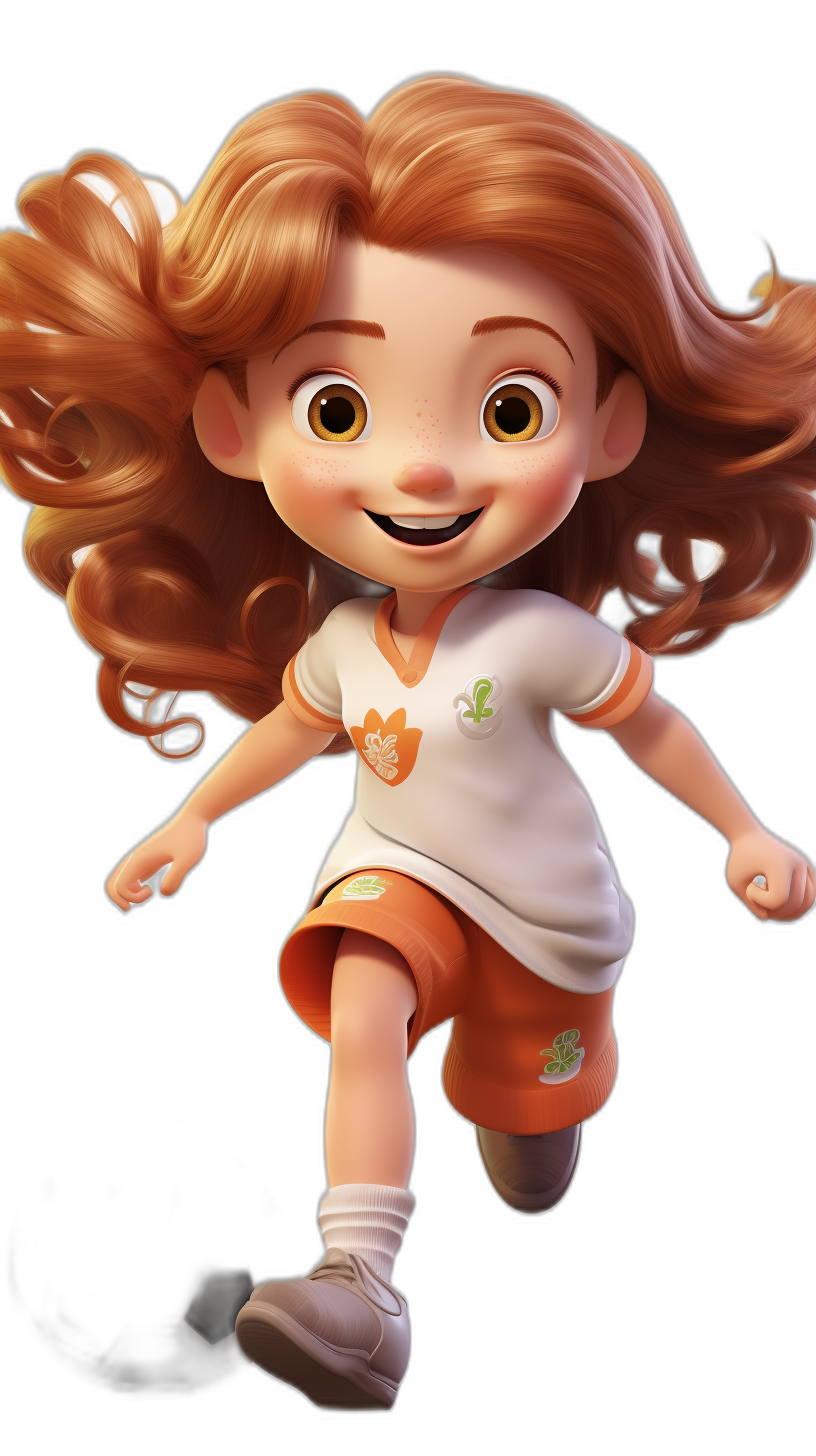 A cute little girl with long brown hair and big eyes, wearing an orange soccer shorts and white t-shirt running on a black background, in the style of Pixar, cartoon character, full body portrait, happy face expression, big smile, high quality, high details, high resolution, cartoon style, cute adorable, 3D render, soft lighting, in the style of Disney animation studio artstyle.