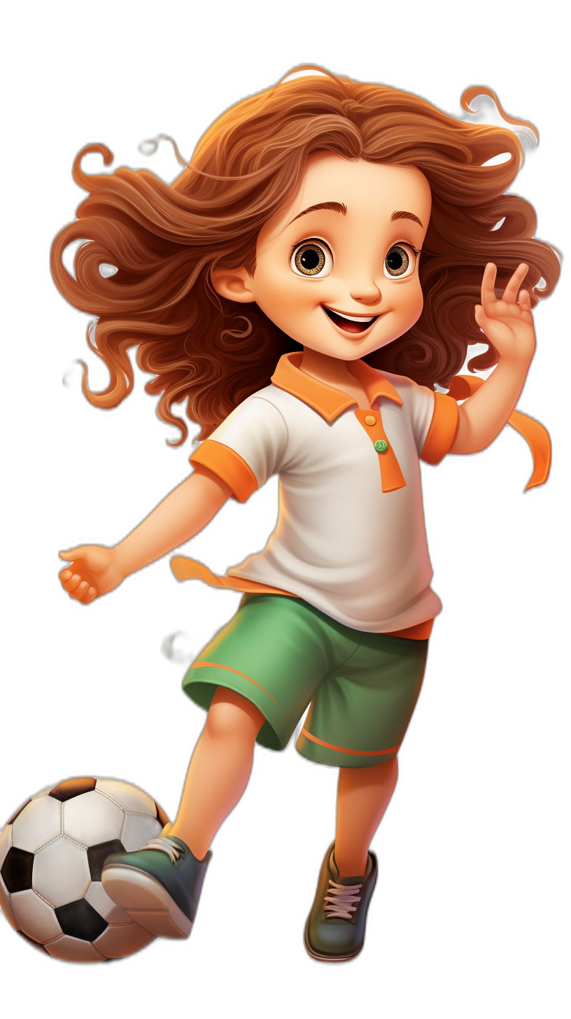 Cartoon style, cute little girl with brown hair and white shirt playing soccer on a black background, full body, happy face expression, character design for a mobile game, wearing green shorts and orange shoes, kicking the ball in an action pose, high resolution, high detail, cartoon illustration, 2D art, digital painting, vibrant colors, soft lighting, solid color backgrounds, simple backgrounds, in the style of Disney Pixar, in the style of children’s book illustrations, poster art