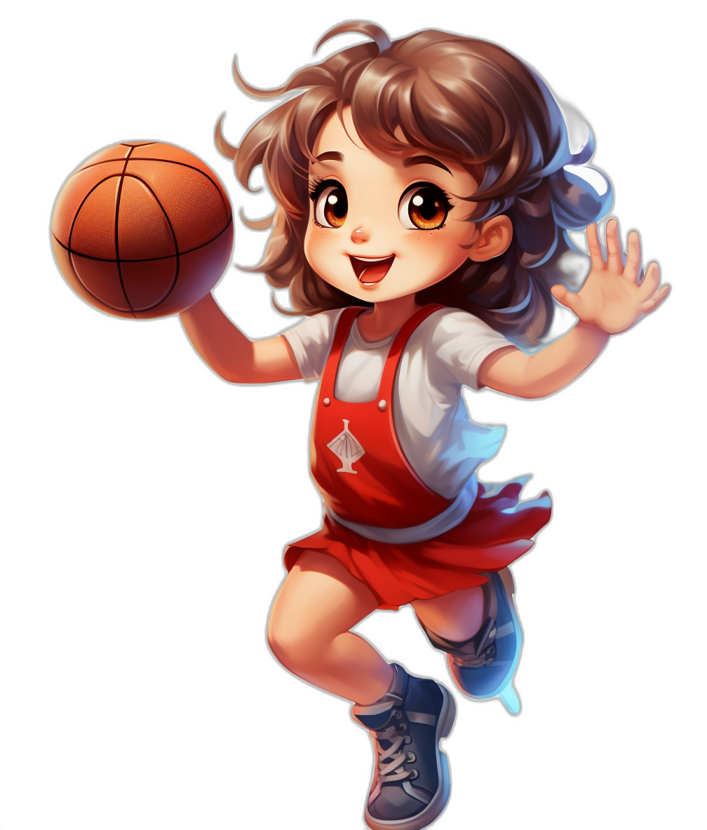 A cute little girl is playing basketball, wearing an apron and sneakers with brown hair in pigtails. She has big eyes and her hands were raised to hold the ball. The background of the illustration features cartoon-style anime characters, with a pure black background and high-definition illustrations. Her whole body pose showcases vibrant colors and dynamic movements in the style of anime.