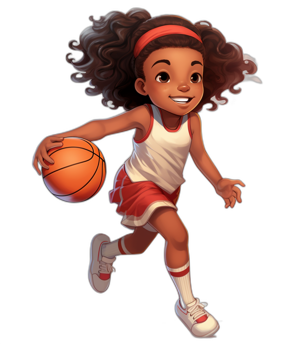 An African American girl basketball player cartoon character with curly hair, wearing a red and white uniform running and playing ball, with a smiling facial expression on a black background.