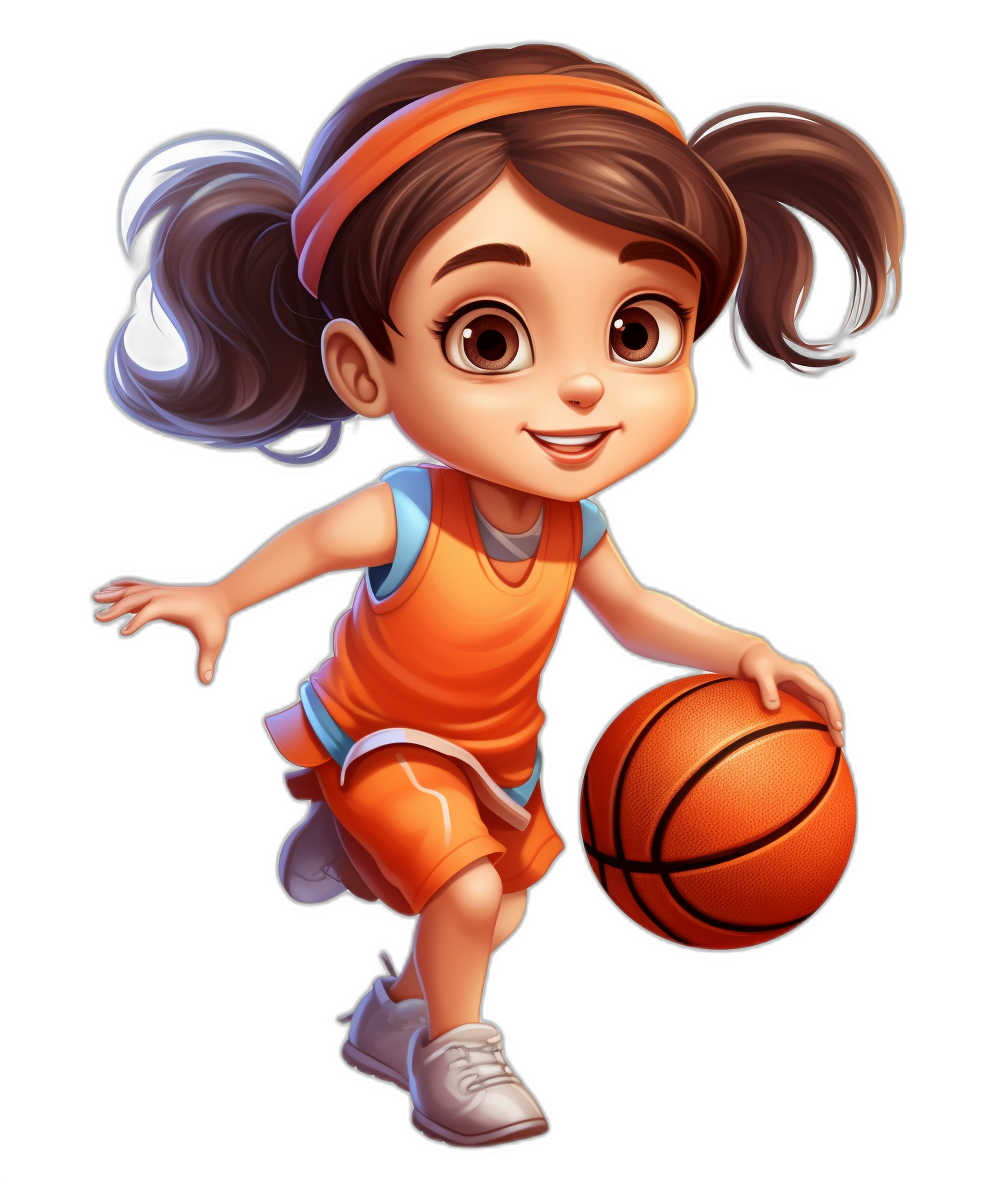 A cute little girl playing basketball in the style of Pixar, in a cartoon style for children’s book illustration. A full body shot, isolated on a black background, with warm and cool color tones creating a happy mood. She is wearing an orange uniform with white shoes and a headband. High resolution 2d game art style.