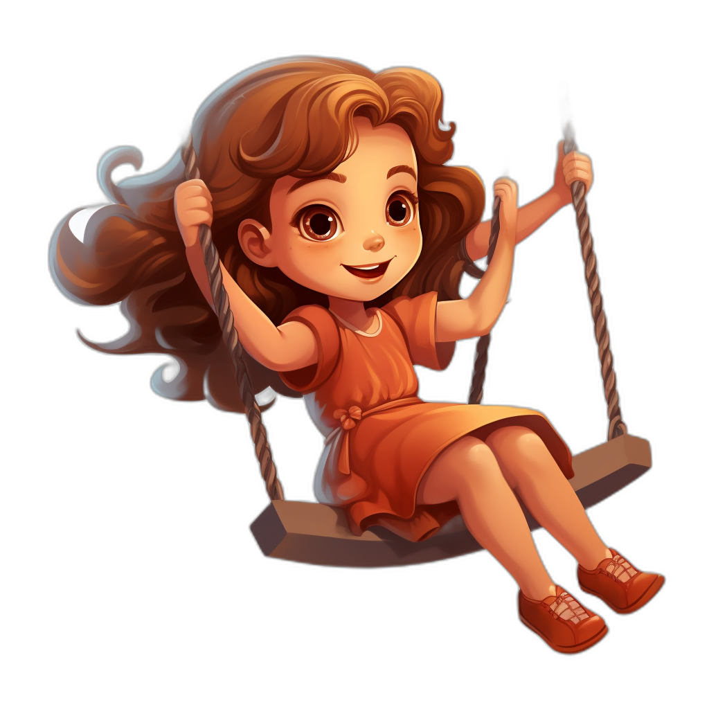 A cute little girl with brown hair is sitting on the swing, smiling happily, wearing an orange dress and red shoes on a simple background. The art is in the cartoon style with a black background. It has the look of 2D game art with a character design in the style of Qversion and high definition resolution. The girl has cute expressions typical of cartoon characters and conveys a cheerful atmosphere.