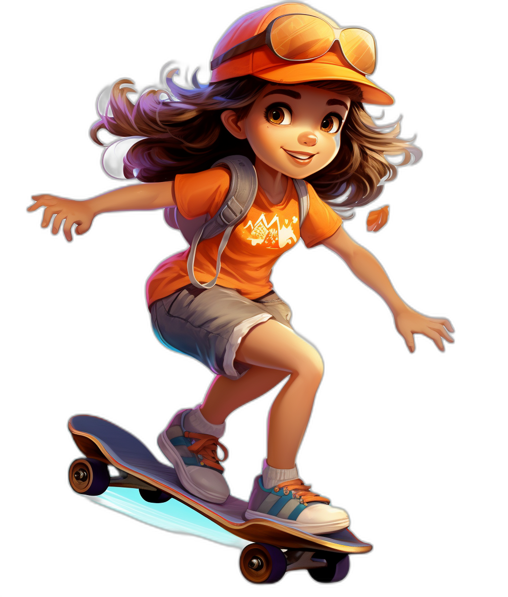 A young girl with brown hair, wearing an orange cap and t-shirt, shorts, sneakers, is riding on her skateboard in the style of Pixar character design, cartoon illustration, vibrant color palette, on a black background, full body shot, high resolution, high detail, concept art in the style of [Artgerm](https://goo.gl/search?artist%20Artgerm), 2D digital painting, low angle perspective, dynamic pose, cool expression, cool outfit. She has sunglasses hanging from her hat. The skateboard has “xgradient” text written on it. She’s smiling happily.