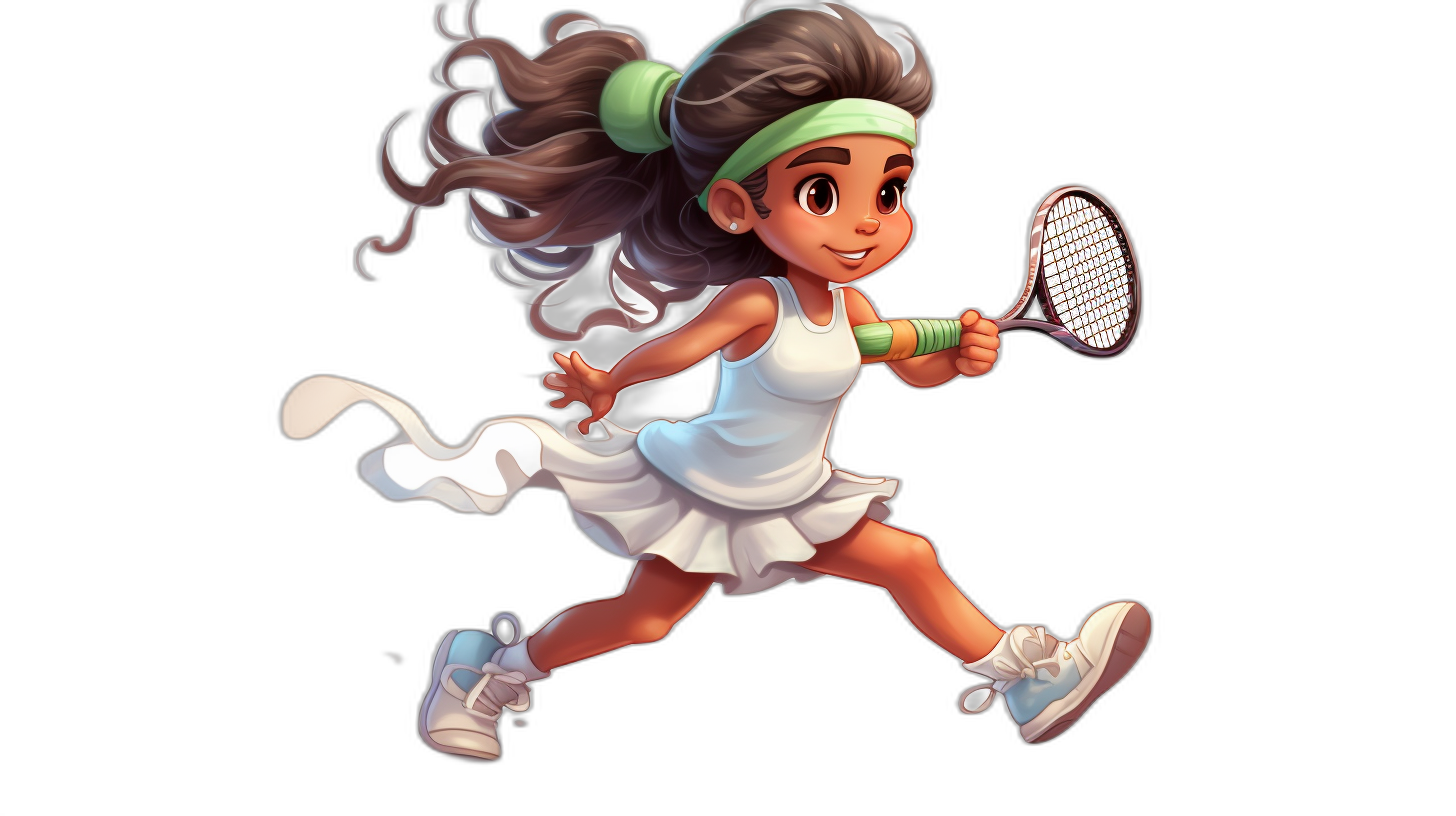 Cute little girl playing tennis, wearing a white skirt and green headband, running with a racket in hand, smiling face, in the style of cartoon, full body shot, black background, 2D game art, in the style of Disney Pixar animation, high quality, high detail, super detailed, best resolution, best lighting, best texture, best render engine, high quality, high detail.