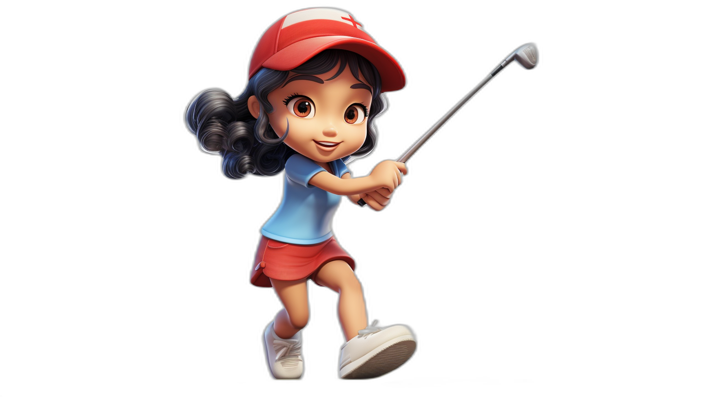 A cute little girl playing golf in a full body shot, wearing a red cap and blue t-shirt with white shoes. The style is cartoon with a black background. It is a vector illustration with a Disney Pixar character design. The image has high resolution, high detail, and high quality textures. It uses 3D octane rendering with professional lighting and is a high definition photograph.