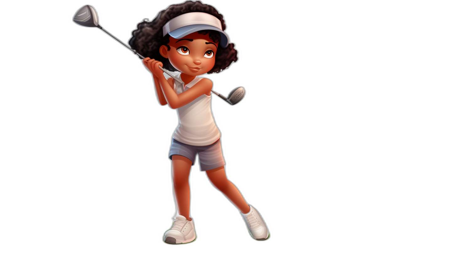 beautiful young black girl playing golf, wearing a white headband and shorts with sneakers, holding a club in her hand, 3D Disney-detailed illustration with Pixar quality, full body on the right side of the picture, solid background color, using only black colors, children’s storybook character in the style of Disney.