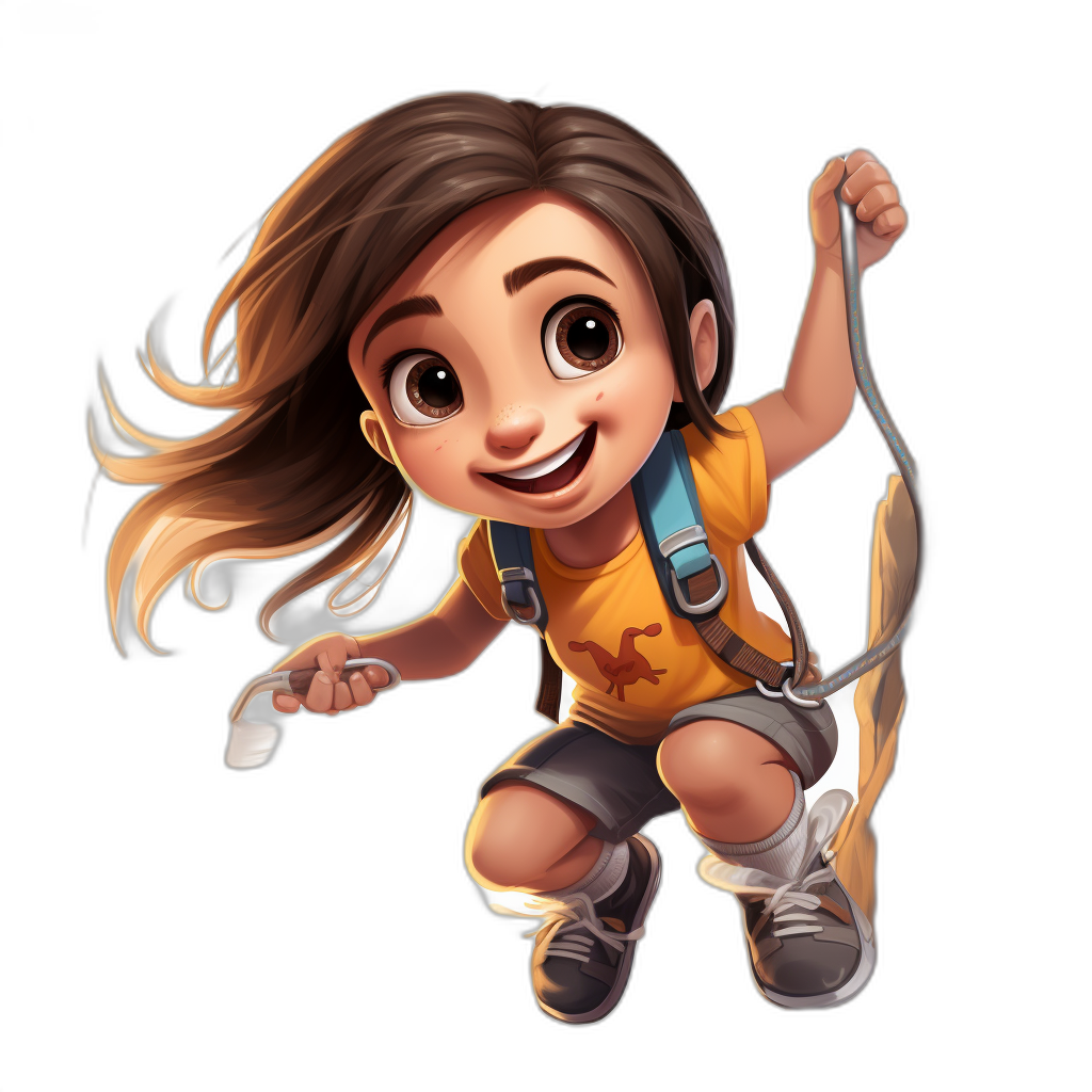 A cartoon character of an adventurous girl with brown hair, wearing shorts and hiking boots on her feet, smiling while flying through the air against an isolated black background, in the style of Pixar.