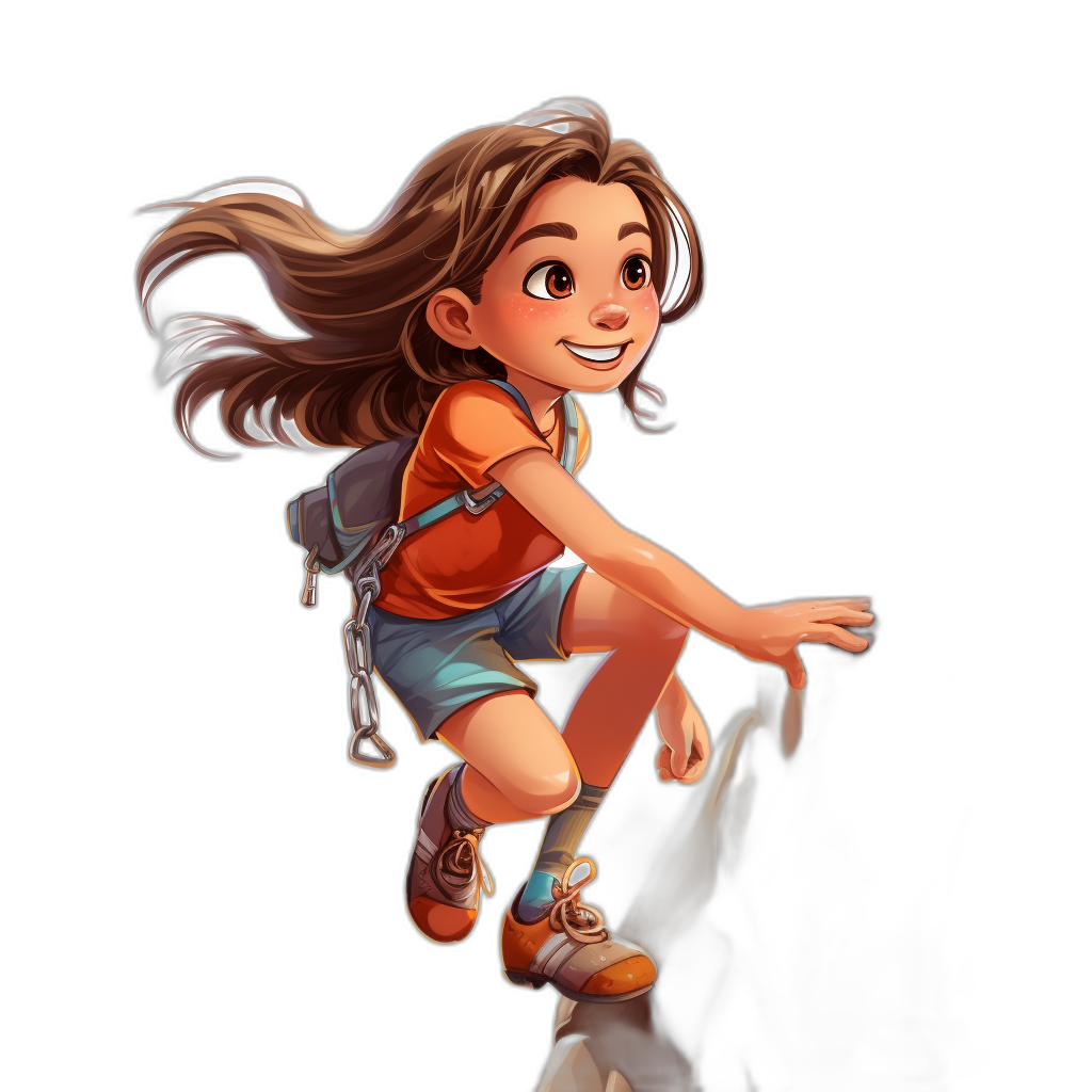 A cartoon character of an excited girl running, wearing shorts and hiking boots with a backpack, smiling, with long brown hair in a ponytail, from a low angle view from below, on a black background, in the style of Disney Pixar.