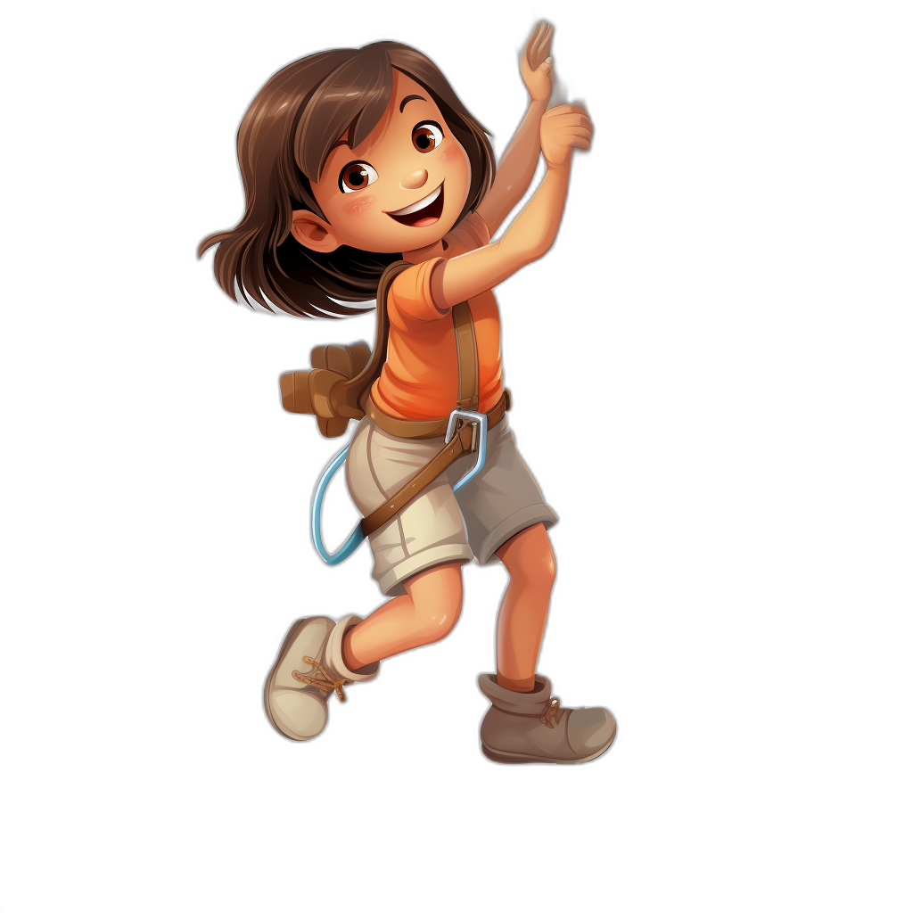 A young girl in an adventurous outfit, ready to explore the world with excitement and curiosity, jumping up on a black background in the style of Disney Pixar cartoon.