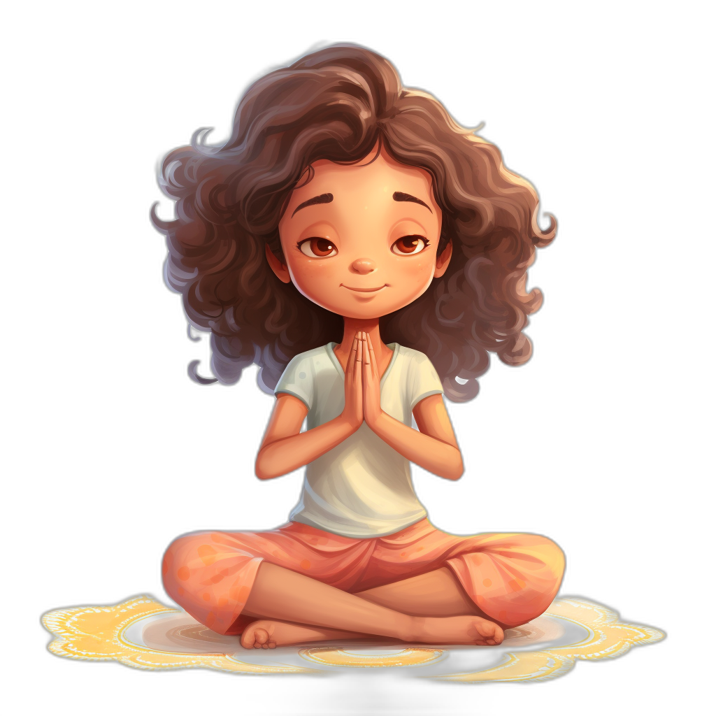 A cute little girl with curly brown hair is sitting in lotus position and meditating, she has her hands folded together on the chest, in the style of a cartoon, a simple drawing, in the style of Disney Pixar illustrations, with a black background, digital art, flat design, high resolution, colorful, high detail, high quality, bright colors, very detailed, cute, a full body portrait, like a cartoon character, with simple lines, very detailed, high definition, high resolution, digital art.