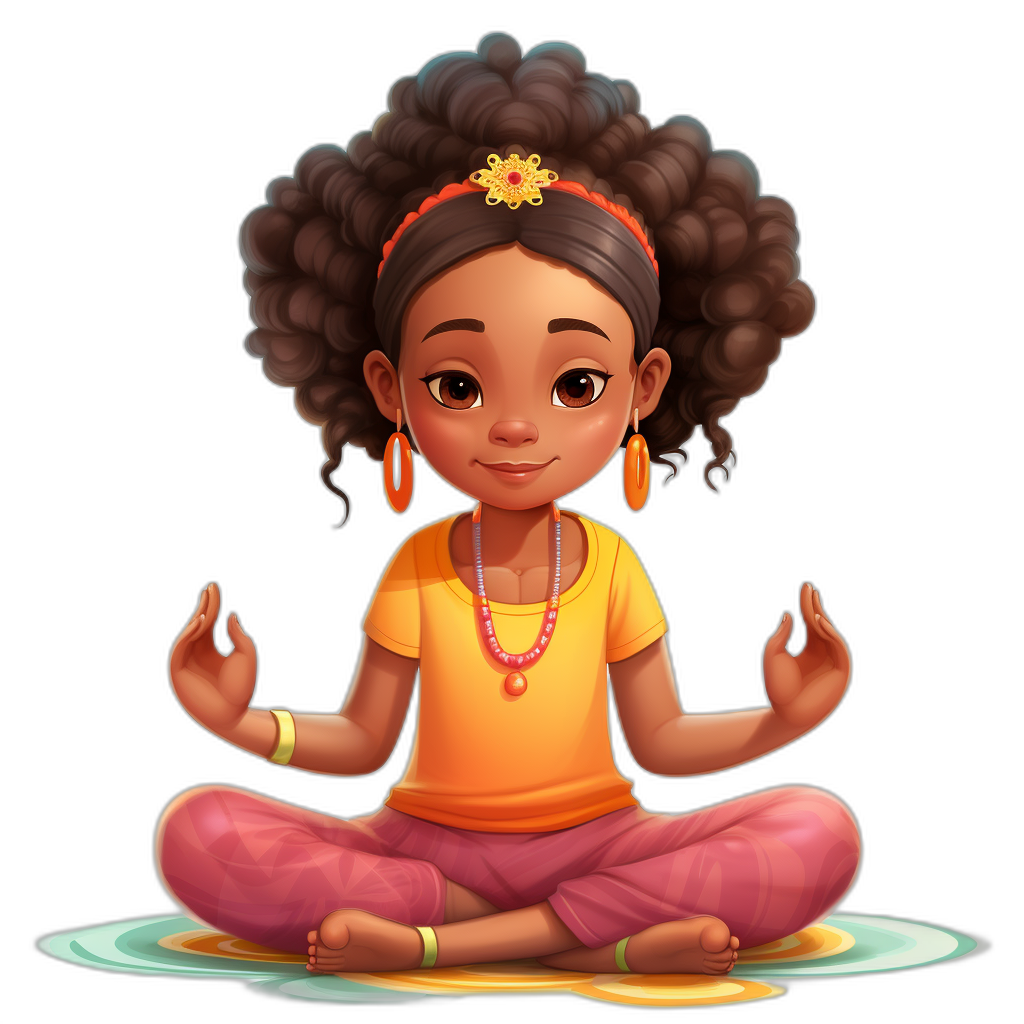 African American cartoon girl with brown skin, sitting cross legged in the lotus position meditating. She has curly hair and is wearing pink pants, an orange shirt, a red necklace and a yellow headband. Black background. Pixar style art.